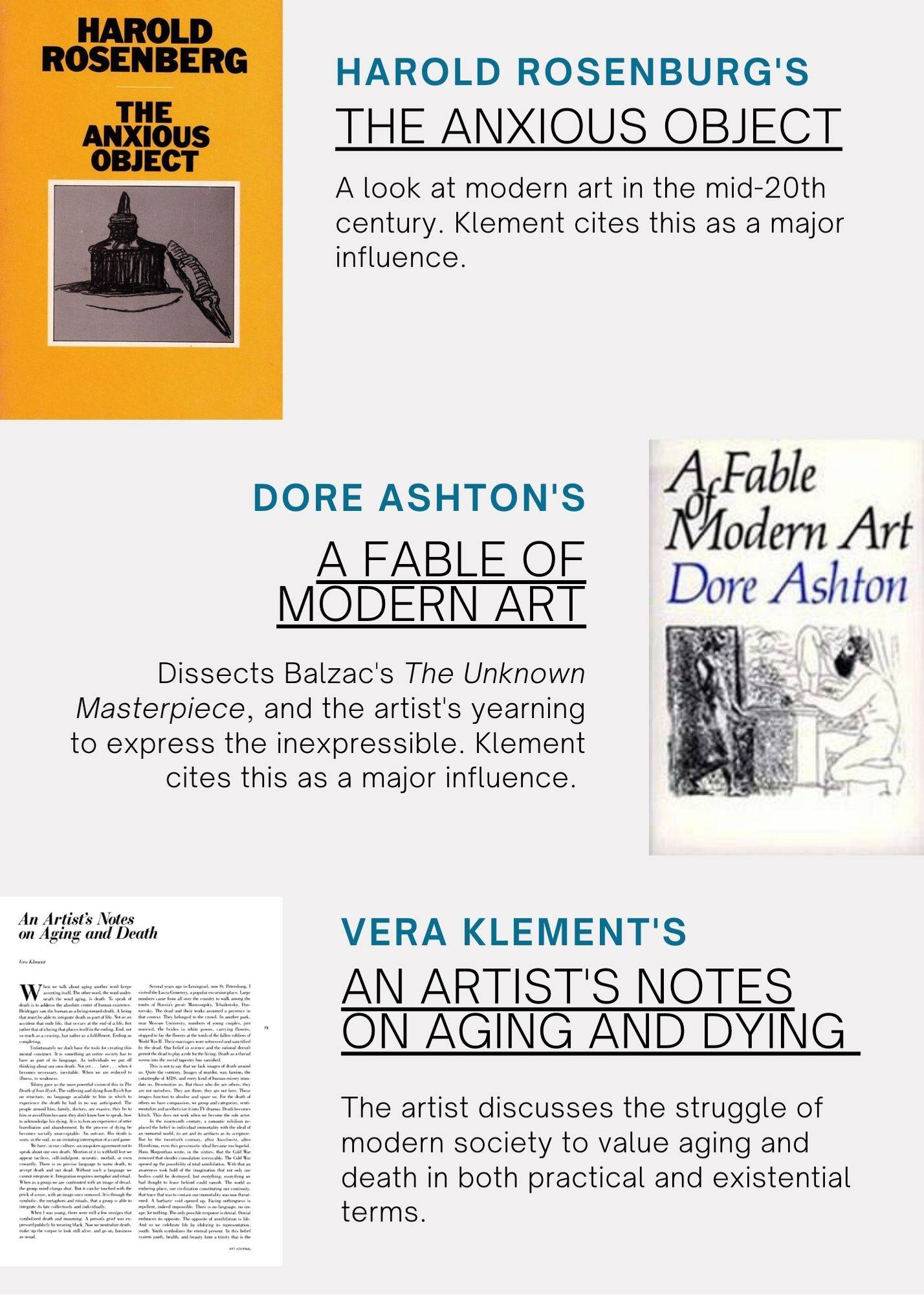 three book covers, Harold Rosenberg's The Anxious Object, Dore Ashton's A Fable of Modern Art, and Vera Klement's An Artist's Notes on Aging and Dying